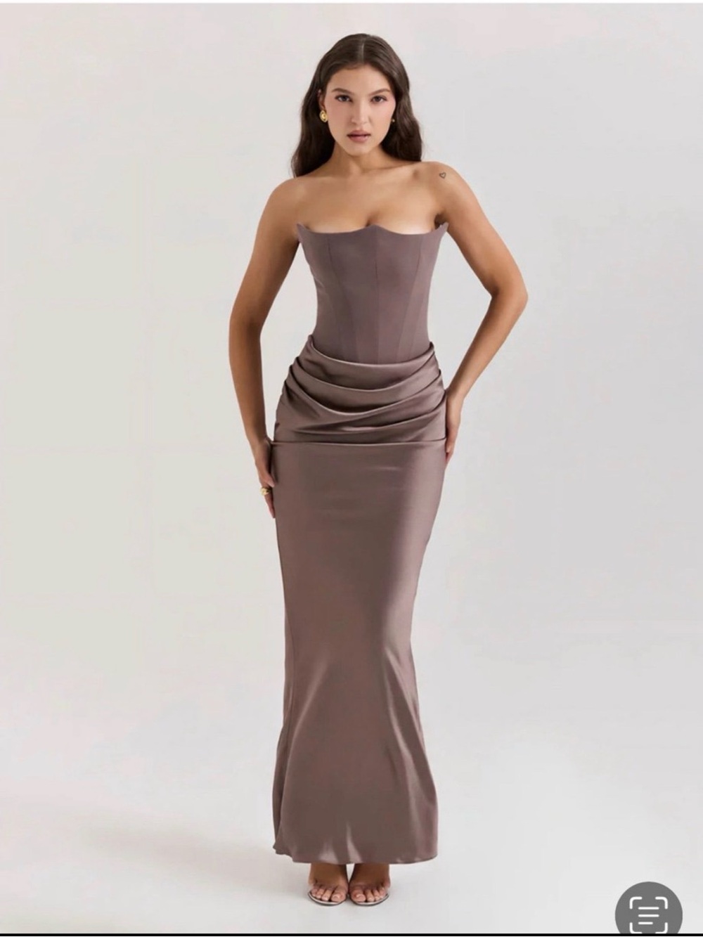 Vittoria Vaneti Taupe Corset Satin Drape Dress
